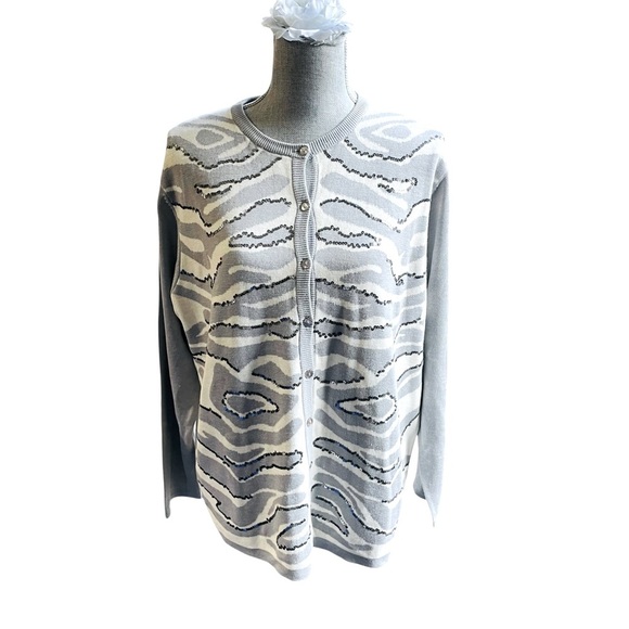 Diane Gilman Sweaters - Diane Gilman Silk Cotton Sequin Cardigan Sweater Gray White Zebra Print Size L